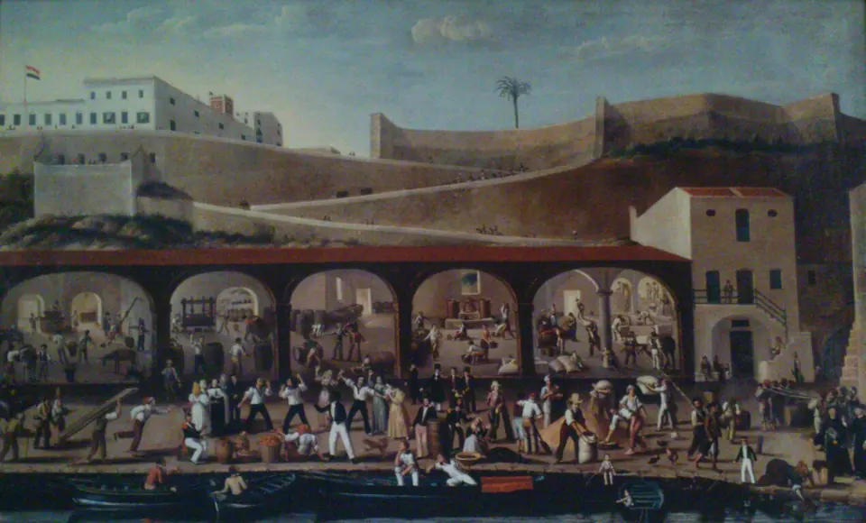 Ancienne peinture d’un marché avec arcades et une foule