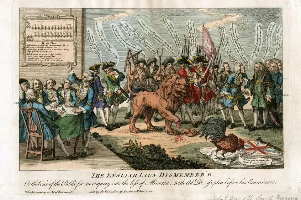 Ancienne gravure satirique avec des personnages et un lion